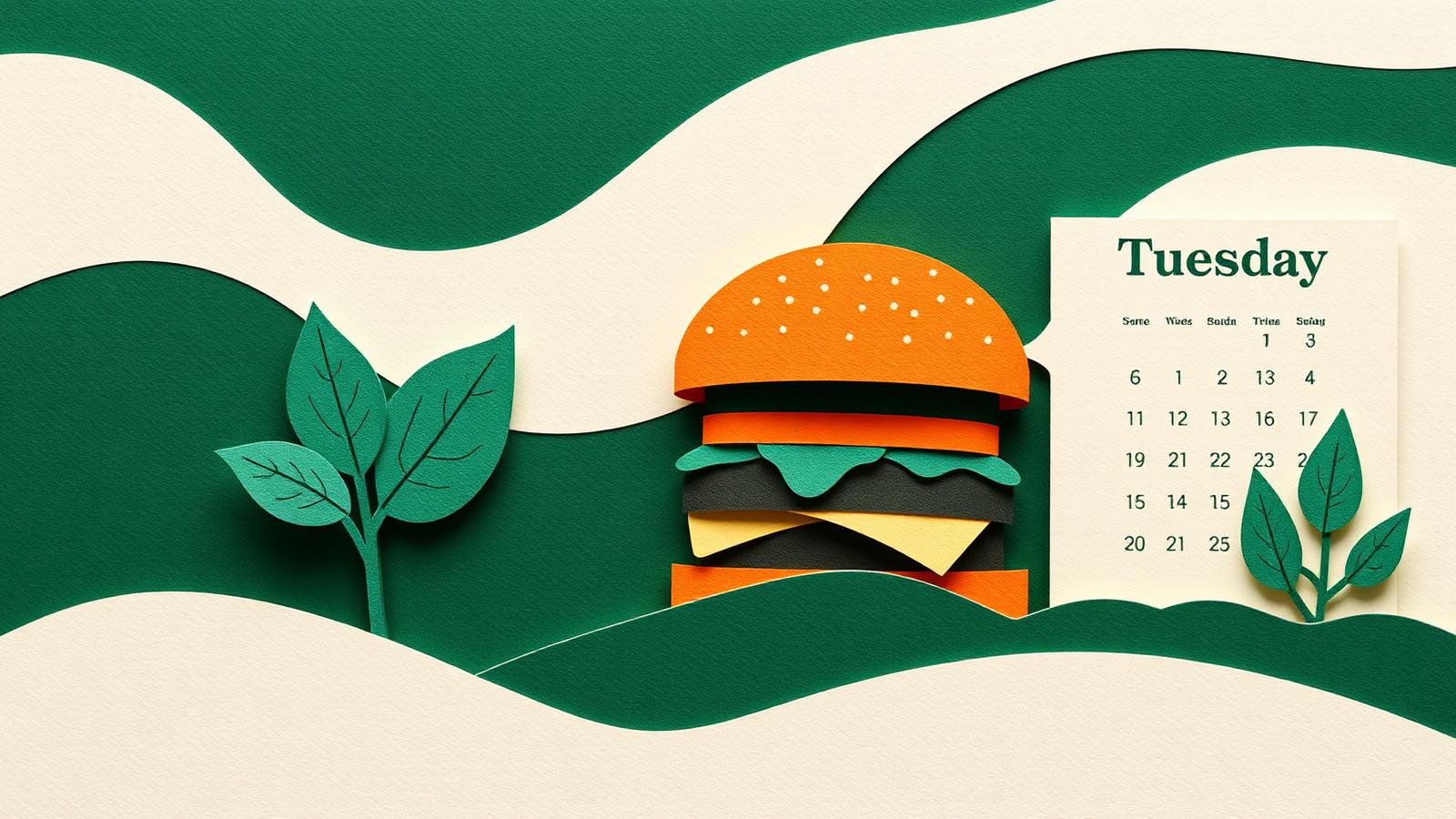 Editorial paper-cut illustration of a burger, a leaf sapling and a calendar page marked Tuesday in forest green and cream.