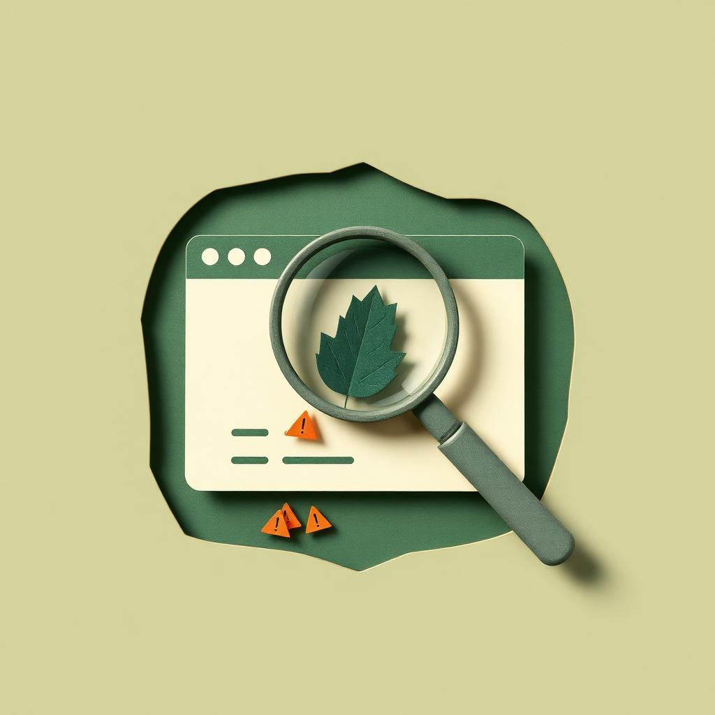 Editorial paper-cut illustration of a magnifying glass over a browser window with small warning flags and a leaf, in forest green and cream.