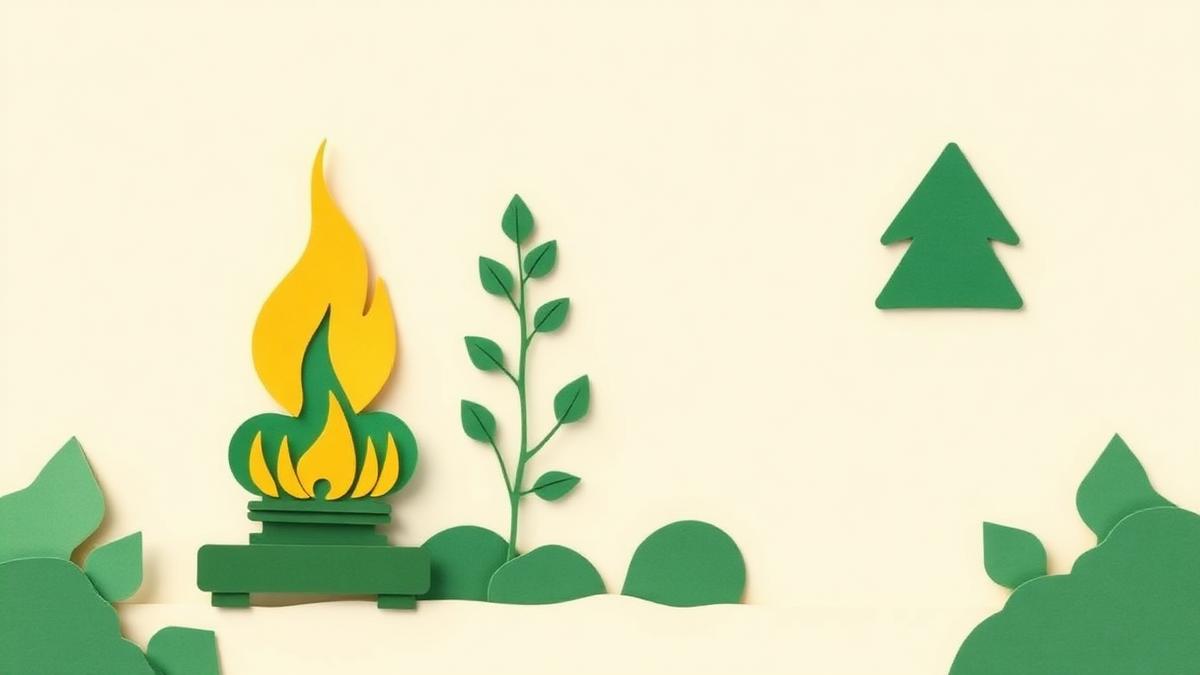 Editorial paper-cut illustration of a gas flame beside a leaf sapling and trees in forest green and cream.