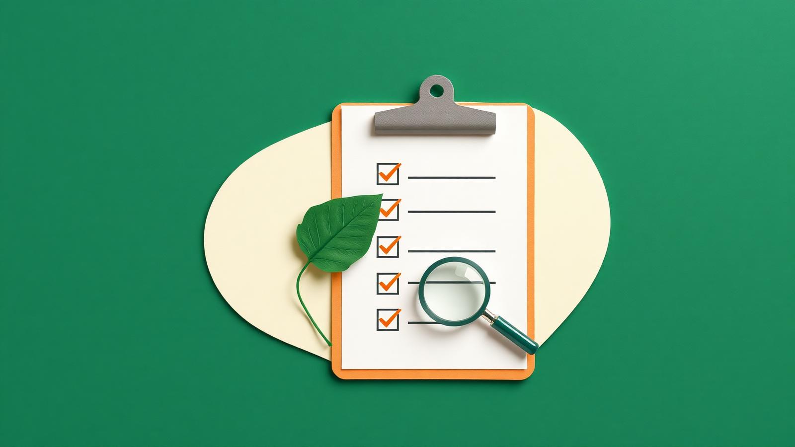Editorial paper-cut illustration of a checklist clipboard with a green leaf and magnifying glass, in forest green and cream.