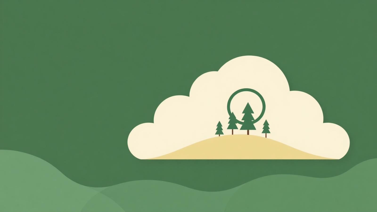 Minimalist editorial illustration of a cloud and small trees in forest green and cream, representing carbon neutral claims.
