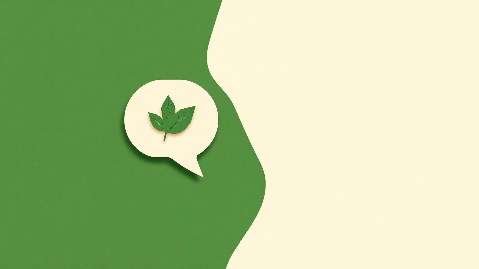 Editorial paper-cut illustration of a speech bubble containing a leaf in forest green and cream tones.