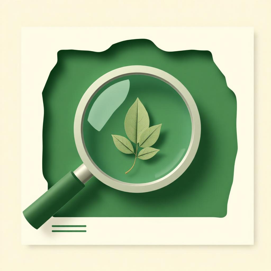 Editorial paper-cut illustration of a magnifying glass over an advertising poster with a small leaf, in forest green and cream.
