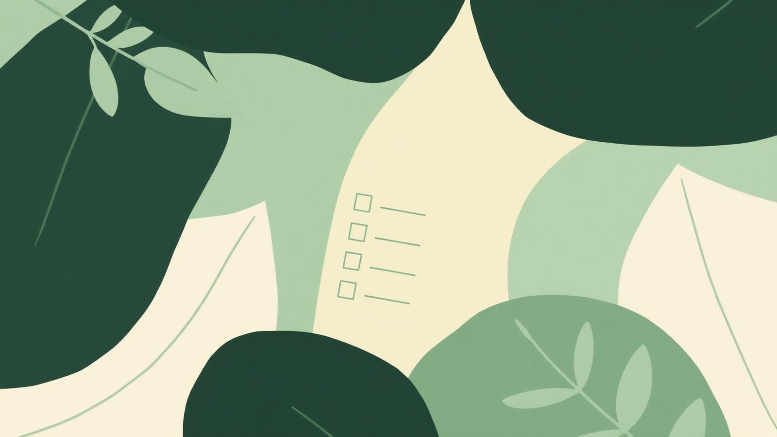 Editorial illustration of overlapping leaves and a soft checklist motif in sage green and cream tones.