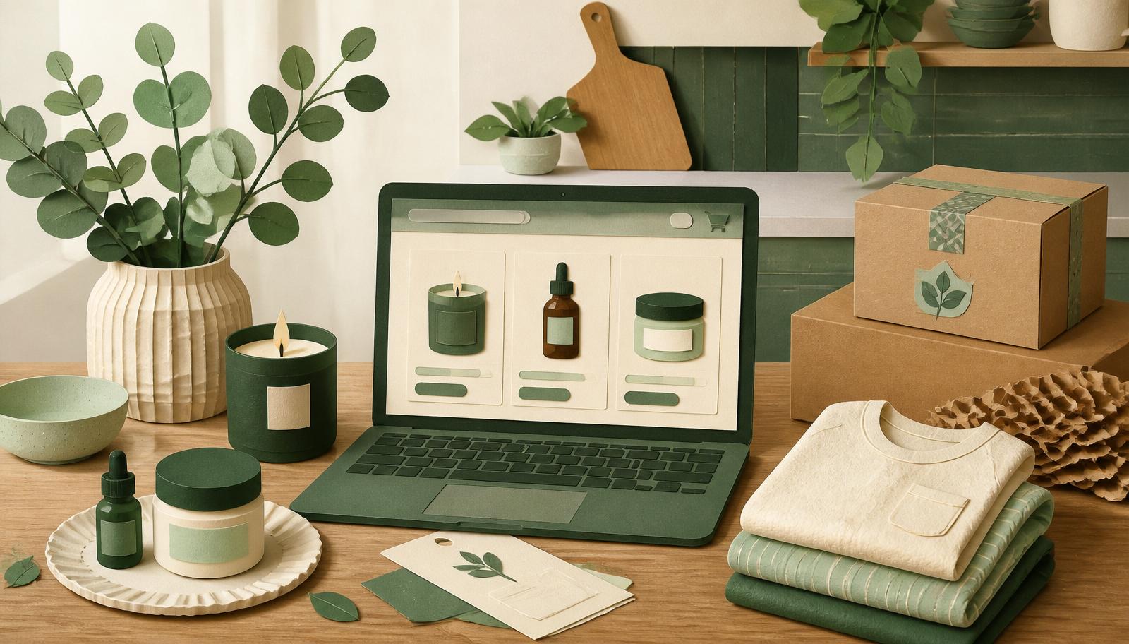 Editorial paper-cut illustration of a home ecommerce workspace with a laptop, candle, skincare products, folded clothes and shipping boxes in forest green and cream.