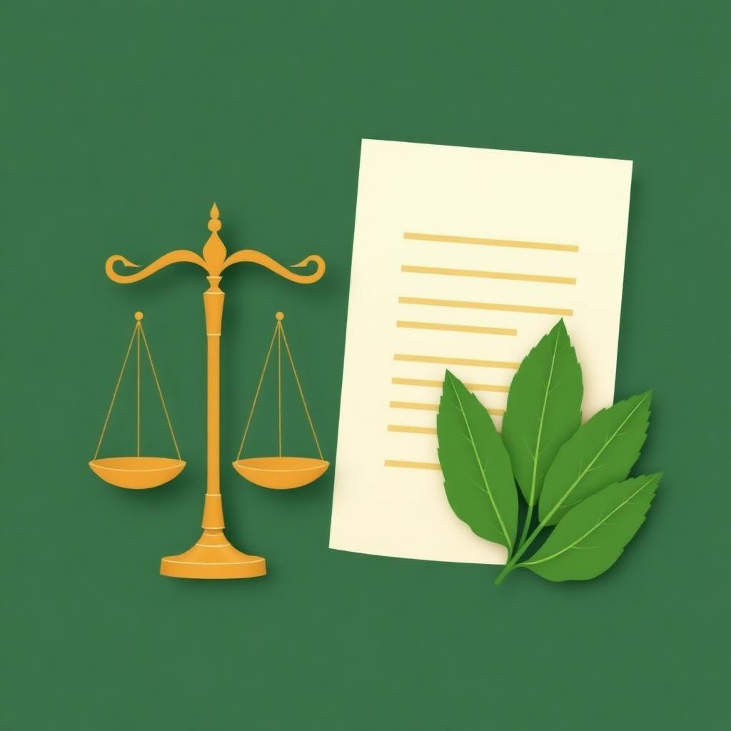 Editorial paper-cut illustration of scales of justice beside a document and a green leaf, in forest green and cream.