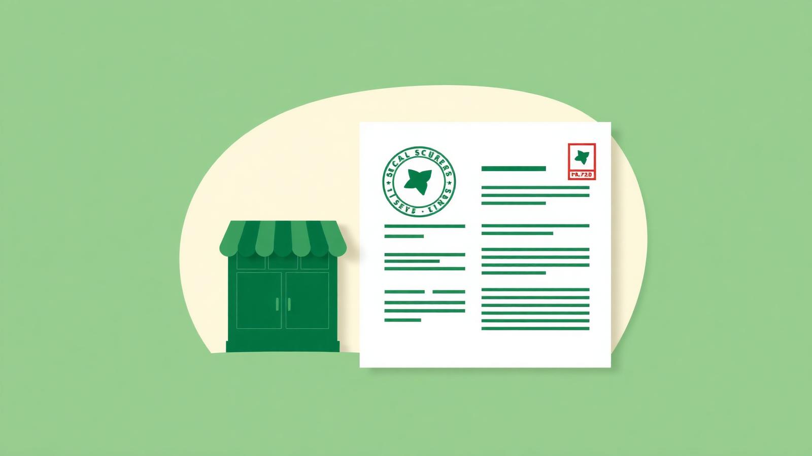 Editorial paper-cut illustration of a small storefront next to an official document with a stamp, in forest green and cream.