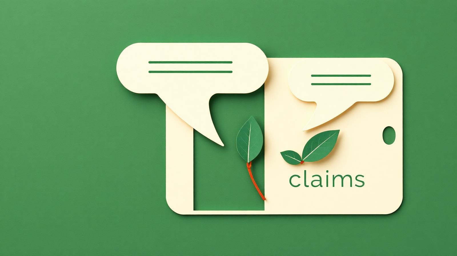 Editorial paper-cut illustration of a smartphone with speech bubbles and a small leaf, in forest green and cream tones.